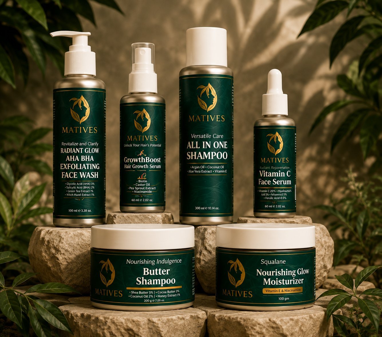 Matives natural haircare and skincare product collection styled among botanical leaves
